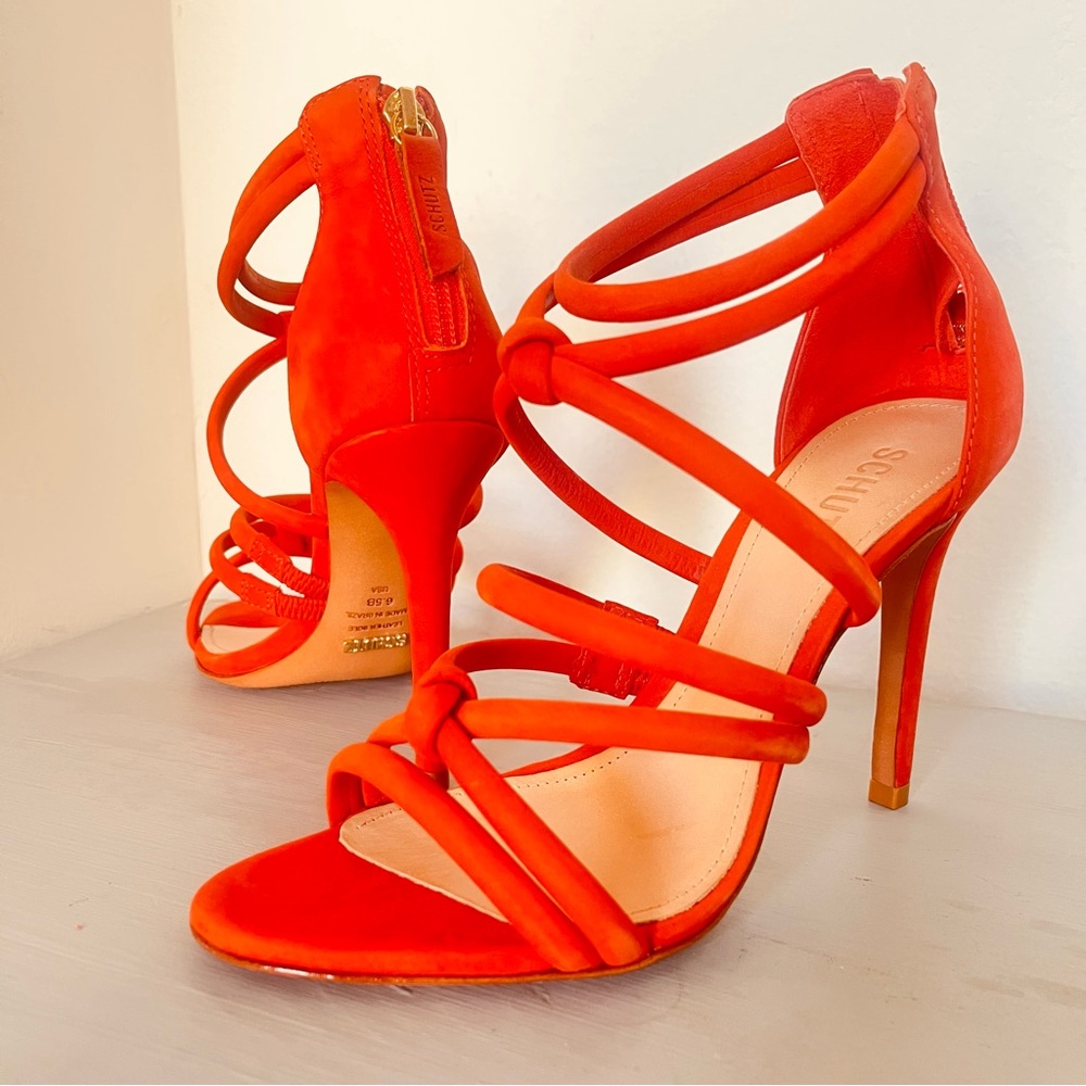 NEW! Schutz 6.5B Orange Suede Heels Stiletto NWOB Brazil